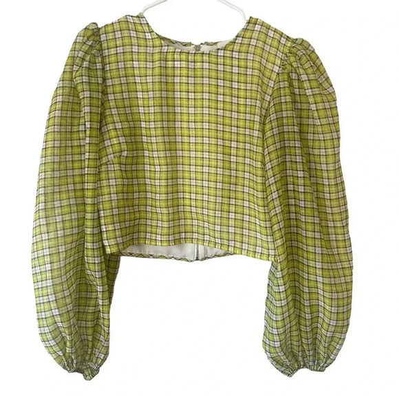 Ganni Womens 8 - 10 Yellow Plaid Organza Puffed Sleeve Cropped Top Blouse - Picture 7 of 15
